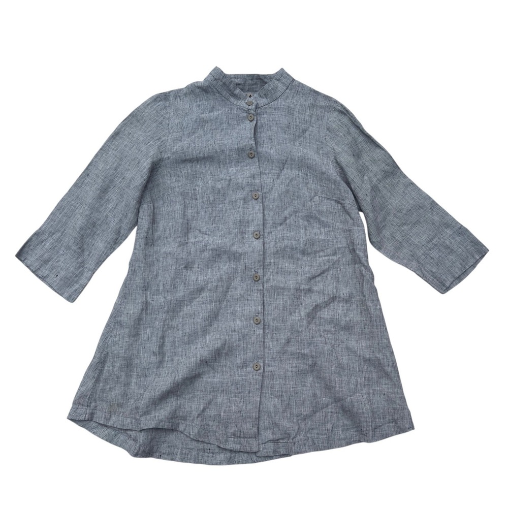 FLAX Womens Linen Tunic Top Gray Button Front Mandarin Collar Lagenlook
